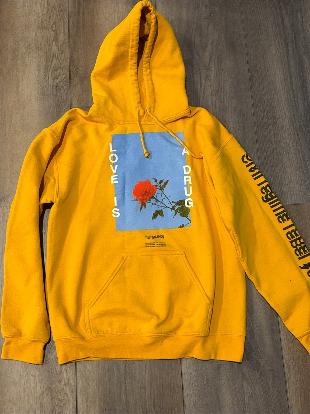 Civil Regime Yellow Graphic Hooded Sweatshirt - Love Is A Drug